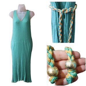 Vintage 90s Teal Green Ribbed Knit V-Neck Midi Dress (Size 14) - Bodycon Belted